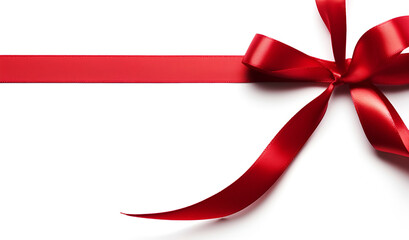 Creative template concept. Red ribbon bow on white background wrapping. Copy text space. Template for art graphic sign Christmas celebration greeting