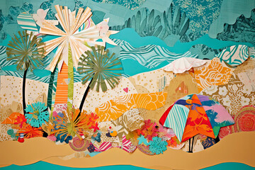 Fototapeta na wymiar Generative AI illustration of Cool trendy collage of summer in the beach handmade on scrapbook paper with vibrant colors