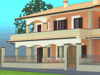 3d Render Perspective view of house with light blue background