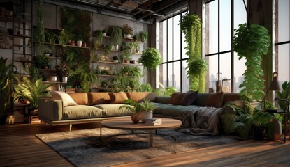 Fototapeta premium living room with plants in the middle of the room Generative AI