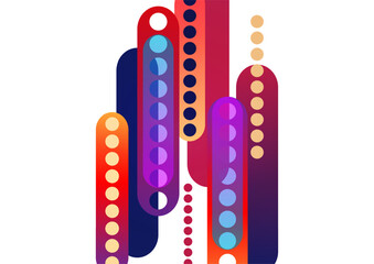 Abstract geometric colorful background with circles, rounded rectangles. Graphic pattern of simple shapes. Vector