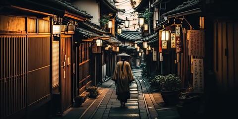 AI generated. AI Generative. Photo realistic photography illustration of ancient old vintage retro Japan Kyoto city. Adventure asian exploration vibe. Graphic Art