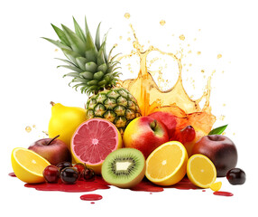 Tropical Fruits with juice splash isolated on transparent background, fruits explosion concept, generative ai - 600855480