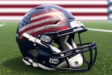 Fototapeta premium American football helmet with American flag, stadium and grass, digital illustration. Generative AI