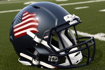 Fototapeta premium American football helmet with American flag, stadium and grass, digital illustration. Generative AI