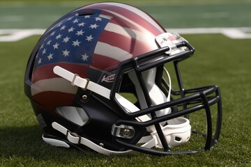 Fototapeta premium American football helmet with American flag, stadium and grass, digital illustration. Generative AI