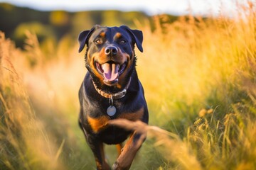 Lifestyle portrait photography of a curious rottweiler dancing with the owner against open fields and meadows background. With generative AI technology