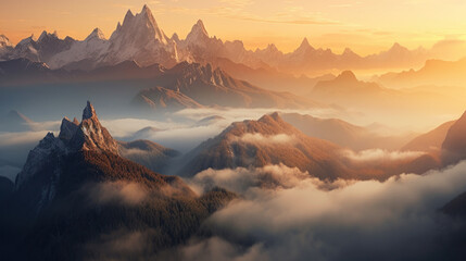 Majestic Sunrise over the Mountain Peaks. Generative AI
