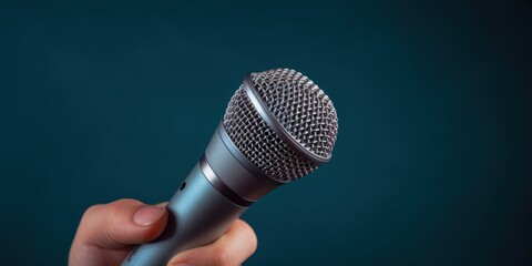 Hand holding microphone, music concept, blue background, digital illustration. Generative AI
