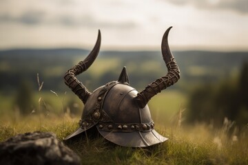 Fototapeta premium Landscape with horned viking helmet, battlefield in background, digital illustration. Generative AI