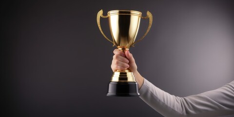 Hand holding golden trophy, business and sports concept, white background, digital illustration. Generative AI