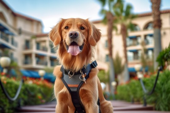 Medium shot portrait photography of a curious golden retriever wearing a harness against pet-friendly hotels and resorts background. With generative AI technology
