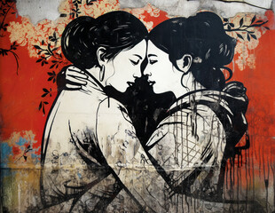 Mural of Two Women in Love - generative AI