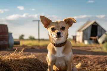 Lifestyle portrait photography of a curious chihuahua sitting against farms and ranches background. With generative AI technology