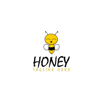Hand sketched bee honey logo template isolated on white background