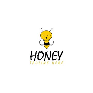 Hand sketched bee honey logo template isolated on white background