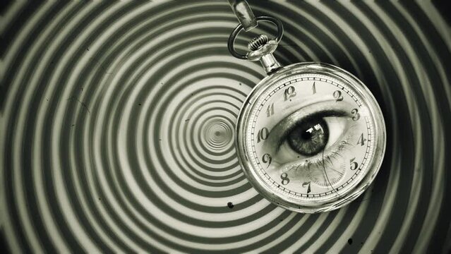 Hypnotic Eye Stare Pendulum Watch Hypnotize Clock Swings Retro Revival. Weird eye stare inside a hypnotic pendulum clock, vintage style. Motion background