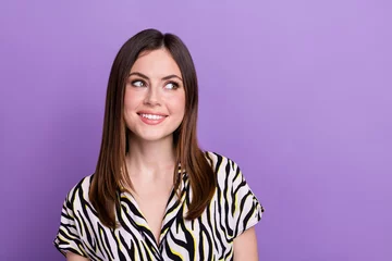 Gordijnen Photo of young dreamy girlfriend wear stylish zebra shirt looking novelty shopping summer season promo isolated on violet color background © deagreez