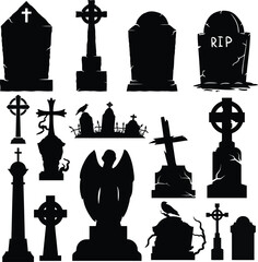 Obraz premium Gone but Not Forgotten - Set of Tombstone Vector Silhouettes for Halloween Design