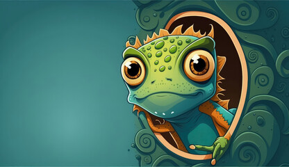 Cute chameleon and autumn leaves background. postcard with a chameleon. cute animal. generated ai
