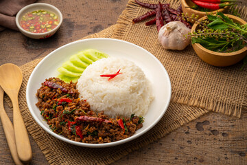 Cooked rice and Thai Basil Minced beef,Stir fired ground beef with garlic and basil leaf in chilli sauce (Pad Kra pao)