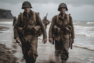 U.S. troops wading to Utah Beach during the D-Day. Neural network AI generated art Generative AI