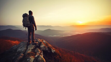 Fototapeta premium Tourist climber on peak of high rocks mountains sunset with backpacks. Lifestyle concept of victory over depression. generated ai