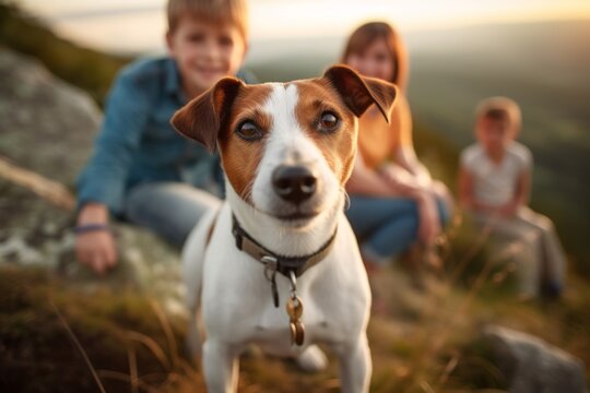 Medium shot portrait photography of a curious jack russell terrier posing with a family against scenic viewpoints and overlooks background. With generative AI technology