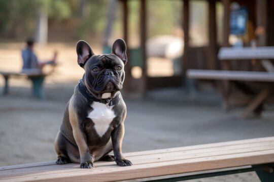 Full-length portrait photography of a curious french bulldog sitting on a bench against dog-friendly campgrounds background. With generative AI technology