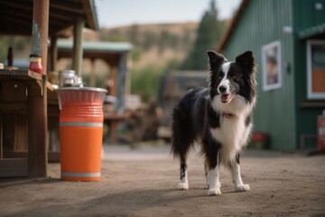 Full-length portrait photography of a curious border collie having a smoothie against dog-friendly campgrounds background. With generative AI technology