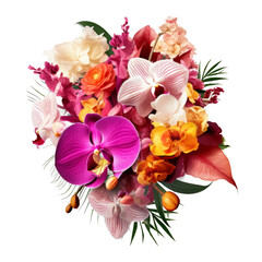 Fototapeta na wymiar A tropical bouquet of orchids and hibiscus flowers