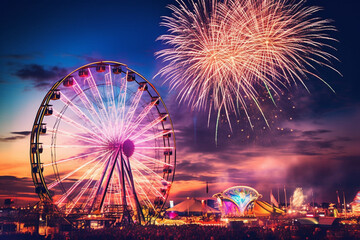 ferris wheel at night with fireworks in the sky made with generative ai