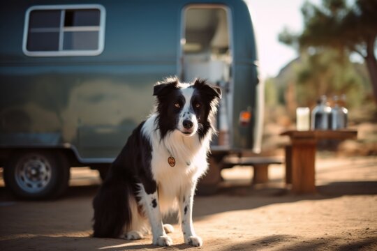 Full-length portrait photography of a curious border collie having a smoothie against dog-friendly campgrounds background. With generative AI technology