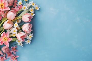 Obraz na płótnie Canvas Beautiful composition spring flowers on pastel blue background. Valentine's Day, Easter, Birthday, Happy Women's Day, Mother's Day. Flat lay, top view, copy space.