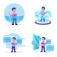 Business Development illustration. Mega sets. Collection of scenes with men taking part in business activities. Trendy vector style