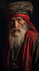 A man with a long beard wearing a red turban. Generative AI.