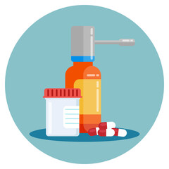 Flat design of spray bottle, pills and test tube for medicine and healthcare. Illustration for websites, landing pages, mobile applications, posters and banners. Trendy flat vector illustration