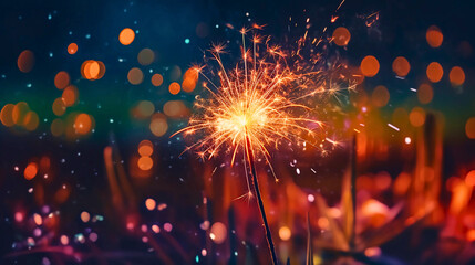 A creative and abstract close-up of a sparkler in motion, featuring colorful sparks, capturing the whimsical essence of Independence Day celebrations, Created with generative Ai Technology.
