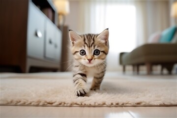 Cute little playful hunting kitten on a carpet in a room. Generated ai.