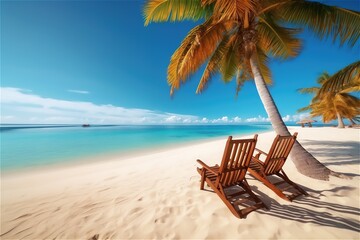 Sun loungers on a beautiful paradise beach under a palm tree. Generated ai.