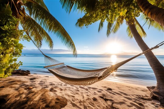 Hammock on the beach between palm trees against the backdrop of a beautiful sunset. Generated ai.