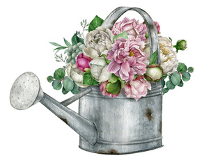 Watercolor spring blossom peonies bouquet in watering can, Summer arrangement, Farmhouse rustic spring decor, Mother day clipart.Realistic style,countryside farm hand-drawn illustration  © Fefelova Yana