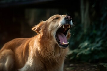 Environmental portrait photography of an aggressive golden retriever yawning against zoos and wildlife sanctuaries background. With generative AI technology