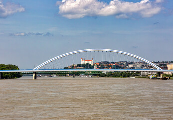Fototapeta na wymiar Apollo Bridge viewed from the middle of the Danube River