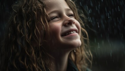 A pretty girl looking at the rainy sky with a smile expression on her face, hope and faith ai, ai generative, illustration