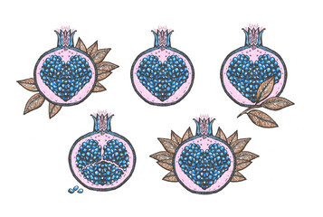 Fantasy pomegranates sketches, pomegranates symbols with heart shaped blue seeds inside