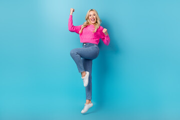 Full body photo of funny crazy woman fists up jumping careless celebrate final season sale cheap...