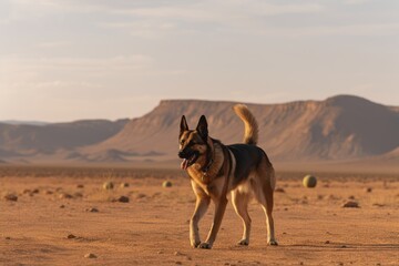 Full-length portrait photography of a curious german shepherd playing fetch against desert landscapes background. With generative AI technology