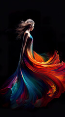Obraz premium A woman in a multicolored dress standing in the dark. Generative AI.