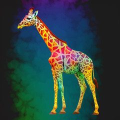 Cute Giraffe in rainbow colors isolated on a multicolored gradient background. Full body. Funny Сartoon character. 3D digital vector illustration for your design